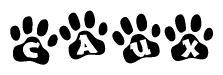 The image shows a series of animal paw prints arranged in a horizontal line. Each paw print contains a letter, and together they spell out the word Caux.