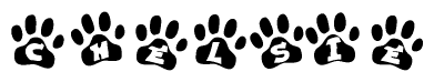 The image shows a row of animal paw prints, each containing a letter. The letters spell out the word Chelsie within the paw prints.