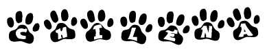 The image shows a row of animal paw prints, each containing a letter. The letters spell out the word Chilena within the paw prints.