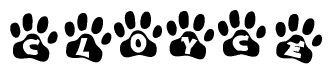 The image shows a series of animal paw prints arranged horizontally. Within each paw print, there's a letter; together they spell Cloyce