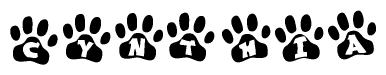 The image shows a series of animal paw prints arranged horizontally. Within each paw print, there's a letter; together they spell Cynthia