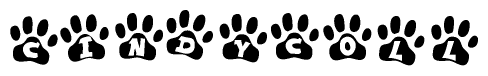 The image shows a series of animal paw prints arranged horizontally. Within each paw print, there's a letter; together they spell Cindycoll