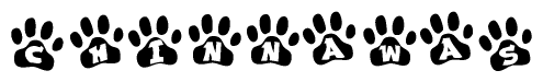 The image shows a series of animal paw prints arranged horizontally. Within each paw print, there's a letter; together they spell Chinnawas