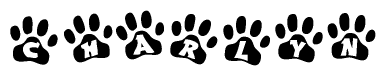 The image shows a series of animal paw prints arranged in a horizontal line. Each paw print contains a letter, and together they spell out the word Charlyn.