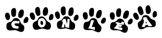 The image shows a series of animal paw prints arranged in a horizontal line. Each paw print contains a letter, and together they spell out the word Conlea.