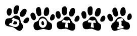 The image shows a series of animal paw prints arranged in a horizontal line. Each paw print contains a letter, and together they spell out the word Dotti.