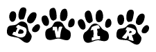 The image shows a series of animal paw prints arranged horizontally. Within each paw print, there's a letter; together they spell Dvir