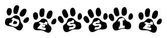 The image shows a series of animal paw prints arranged horizontally. Within each paw print, there's a letter; together they spell Dessie