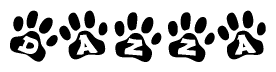 The image shows a series of animal paw prints arranged horizontally. Within each paw print, there's a letter; together they spell Dazza