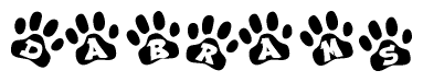 The image shows a series of animal paw prints arranged horizontally. Within each paw print, there's a letter; together they spell Dabrams