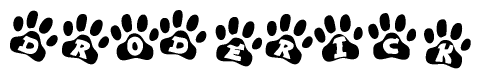 The image shows a row of animal paw prints, each containing a letter. The letters spell out the word Droderick within the paw prints.