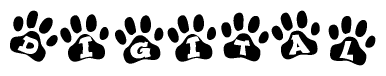 The image shows a row of animal paw prints, each containing a letter. The letters spell out the word Digital within the paw prints.