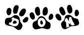 The image shows a series of animal paw prints arranged horizontally. Within each paw print, there's a letter; together they spell Dom