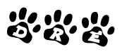 The image shows a series of animal paw prints arranged horizontally. Within each paw print, there's a letter; together they spell Dre