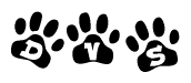 The image shows a series of animal paw prints arranged in a horizontal line. Each paw print contains a letter, and together they spell out the word Dvs.