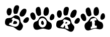 The image shows a series of animal paw prints arranged in a horizontal line. Each paw print contains a letter, and together they spell out the word Dori.