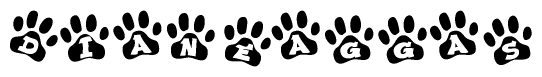 The image shows a series of animal paw prints arranged in a horizontal line. Each paw print contains a letter, and together they spell out the word Dianeaggas.