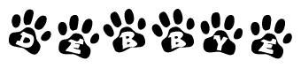 The image shows a series of animal paw prints arranged horizontally. Within each paw print, there's a letter; together they spell Debbye