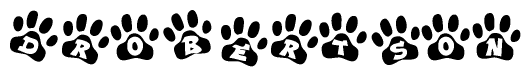 The image shows a row of animal paw prints, each containing a letter. The letters spell out the word Drobertson within the paw prints.