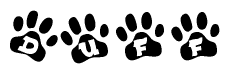 The image shows a row of animal paw prints, each containing a letter. The letters spell out the word Duff within the paw prints.
