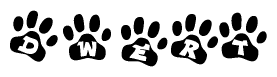 The image shows a series of animal paw prints arranged in a horizontal line. Each paw print contains a letter, and together they spell out the word Dwert.
