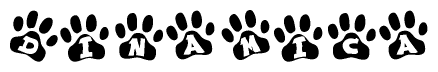 The image shows a row of animal paw prints, each containing a letter. The letters spell out the word Dinamica within the paw prints.