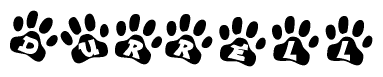 The image shows a row of animal paw prints, each containing a letter. The letters spell out the word Durrell within the paw prints.