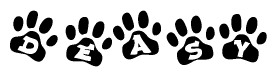The image shows a series of animal paw prints arranged in a horizontal line. Each paw print contains a letter, and together they spell out the word Deasy.
