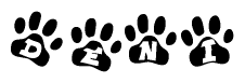 The image shows a series of animal paw prints arranged horizontally. Within each paw print, there's a letter; together they spell Deni