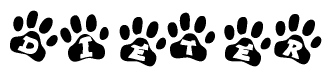 The image shows a series of animal paw prints arranged horizontally. Within each paw print, there's a letter; together they spell Dieter