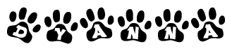 The image shows a row of animal paw prints, each containing a letter. The letters spell out the word Dyanna within the paw prints.