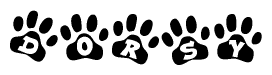 The image shows a row of animal paw prints, each containing a letter. The letters spell out the word Dorsy within the paw prints.