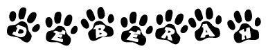The image shows a series of animal paw prints arranged in a horizontal line. Each paw print contains a letter, and together they spell out the word Deberah.