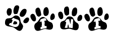The image shows a row of animal paw prints, each containing a letter. The letters spell out the word Dini within the paw prints.