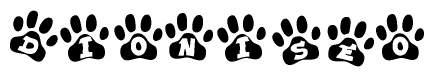 The image shows a series of animal paw prints arranged in a horizontal line. Each paw print contains a letter, and together they spell out the word Dioniseo.