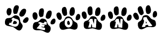 The image shows a row of animal paw prints, each containing a letter. The letters spell out the word Deonna within the paw prints.