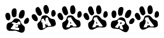 The image shows a row of animal paw prints, each containing a letter. The letters spell out the word Emaara within the paw prints.