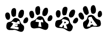 The image shows a series of animal paw prints arranged in a horizontal line. Each paw print contains a letter, and together they spell out the word Etra.