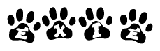 The image shows a row of animal paw prints, each containing a letter. The letters spell out the word Exie within the paw prints.