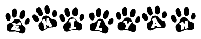 The image shows a row of animal paw prints, each containing a letter. The letters spell out the word Emilyah within the paw prints.