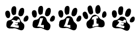 The image shows a series of animal paw prints arranged horizontally. Within each paw print, there's a letter; together they spell Ellie