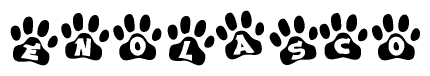 The image shows a row of animal paw prints, each containing a letter. The letters spell out the word Enolasco within the paw prints.