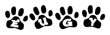 The image shows a row of animal paw prints, each containing a letter. The letters spell out the word Eugy within the paw prints.