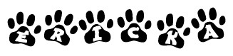 The image shows a series of animal paw prints arranged horizontally. Within each paw print, there's a letter; together they spell Ericka