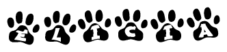 The image shows a series of animal paw prints arranged horizontally. Within each paw print, there's a letter; together they spell Elicia