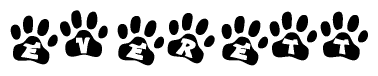 The image shows a series of animal paw prints arranged horizontally. Within each paw print, there's a letter; together they spell Everett