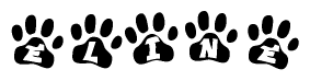 The image shows a series of animal paw prints arranged horizontally. Within each paw print, there's a letter; together they spell Eline