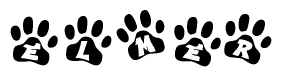 The image shows a series of animal paw prints arranged in a horizontal line. Each paw print contains a letter, and together they spell out the word Elmer.