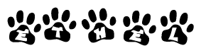 The image shows a row of animal paw prints, each containing a letter. The letters spell out the word Ethel within the paw prints.
