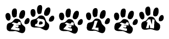 The image shows a series of animal paw prints arranged in a horizontal line. Each paw print contains a letter, and together they spell out the word Edelen.